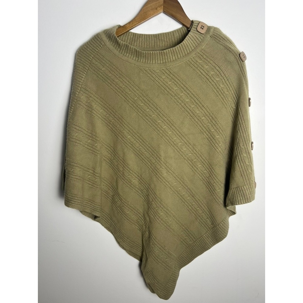 Homer Collection Wm Olive Green Cable Knit Button Shoulder Poncho Wrap One Size